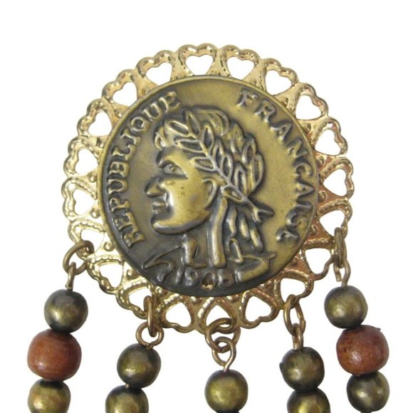 Faux Coin Republique Francaise Brooch 3.8 in Pin Goldtone Dangle Vintage FLAW - Picture 2 of 8